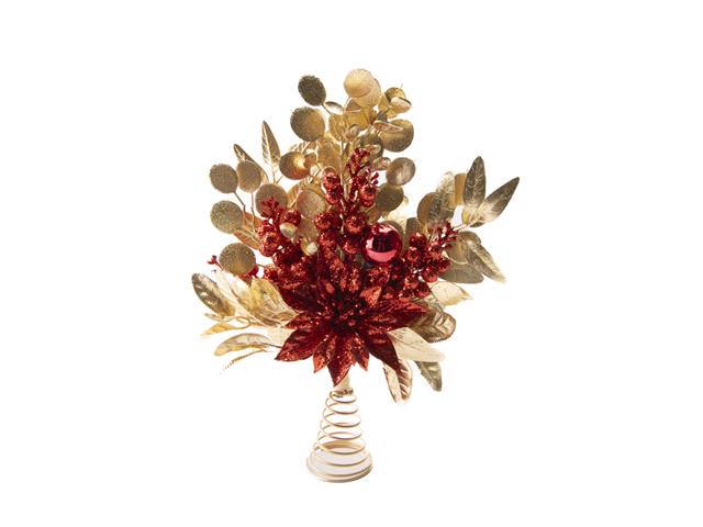 RED GLITTER POINSETTIA AND GOLD LEAF TREE TOPPER