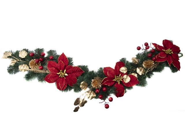 RED VELVET POINSETTIA AND GOLD PINECONE GARLAND