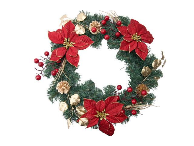 RED VELVET POINSETTIA AND GOLD PINECONE WREATH