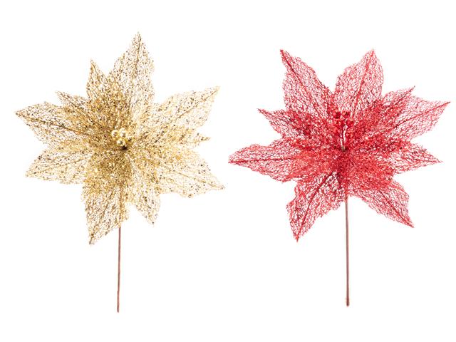 GLITTER METALLIC MESH POINSETTIA PICK (ASSTD)