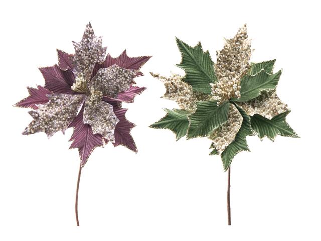 GLITTER BEADED VELVET POINSETTIA PICK  (ASSTD)
