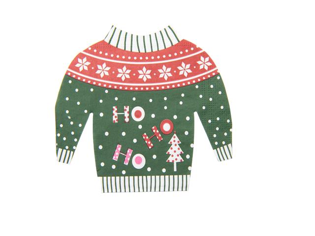 12 PK 3 PLY SHAPED NAPKIN (GREEN HO HO HO SWEATER)
