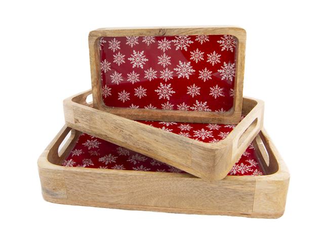 WOODEN ENAMEL-COATED TRAY (SNOWFLAKES) (SET OF 3)