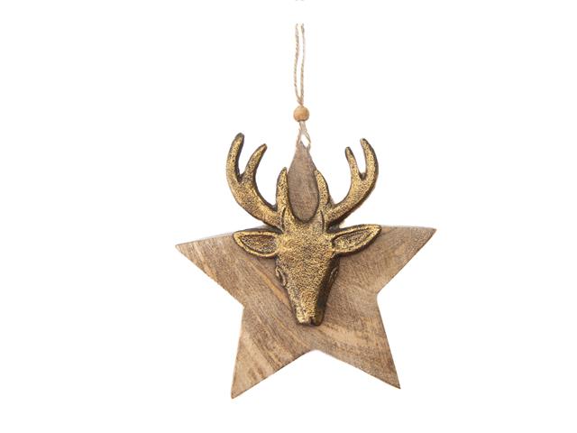 MANGO WOOD ORNAMENT (STAR WITH GOLD METAL REINDEER)