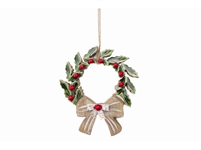 ENAMEL-COATED MANGO WOOD ORNAMENT (GREEN WREATH)