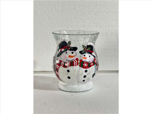 CRACKLED GLASS CANDLE HOLDER (DOUBLE SNOWMAN)