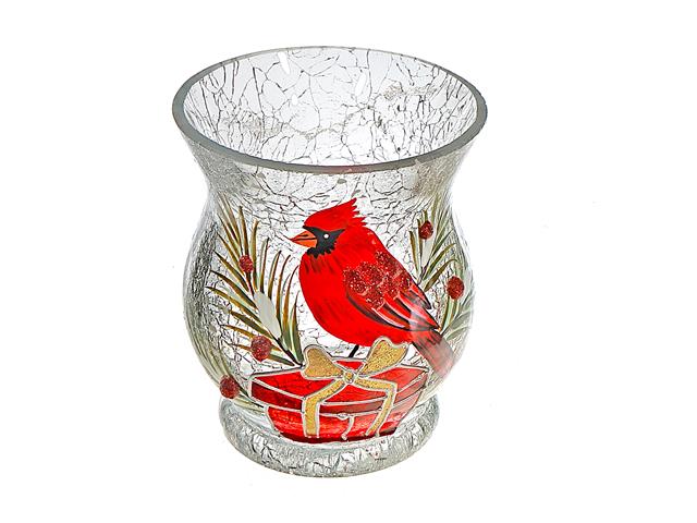 CRACKLED GLASS CANDLE HOLDER (CARDINAL ON GIFTBOX)