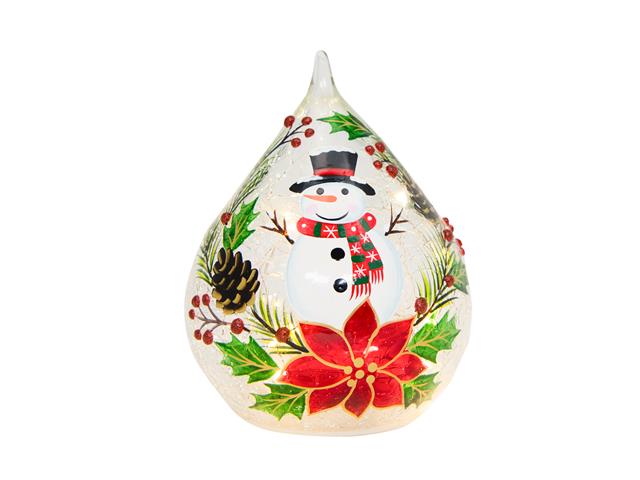 LED CRACKLED GLASS TEARDROP DECOR (SNOWMAN ON WREATH)