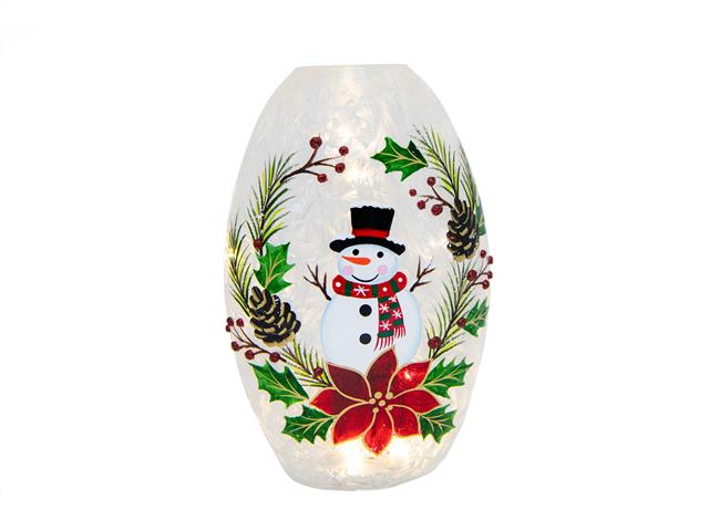 LED FROSTED OBLONG GLASS DECOR (SNOWMAN ON WREATH)
