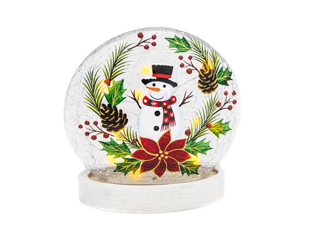 LED ROUND CRACKLED GLASS ON BASE (SNOWMAN ON WREATH)