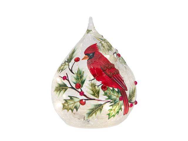 LED CRACKLED GLASS TEARDROP DECOR (CARDINAL AND BERRIES)