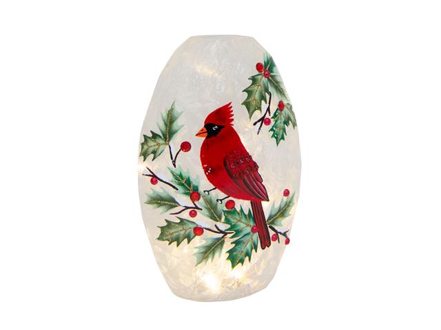 LED FROSTED OBLONG GLASS DECOR (CARDINAL AND BERRIES)