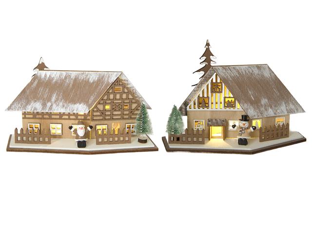 LED WOODEN CHALET WITH FENCE ORNAMENT (ASSTD)