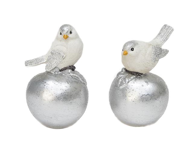 POLYRESIN BIRD ON SILVER APPLE FIGURINE (ASSTD)