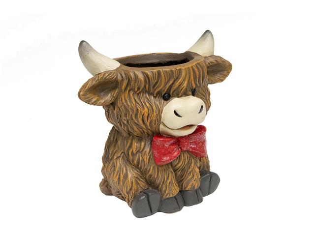 MAGNESIA SITTING HIGHLAND COW WITH BOW PLANTER