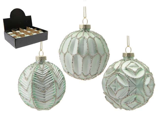 GLASS ORNAMENT WITH SILVER GLITTER (GREEN) (ASSTD) (12/DISPLAY)