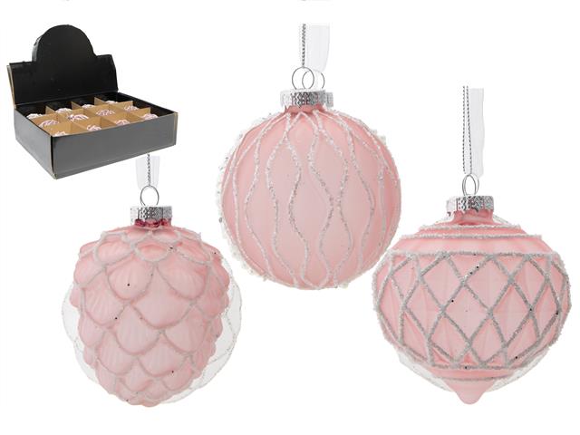 GLASS ORNAMENT WITH SILVER GLITTER (PINK) (ASSTD) (12/DISPLAY)