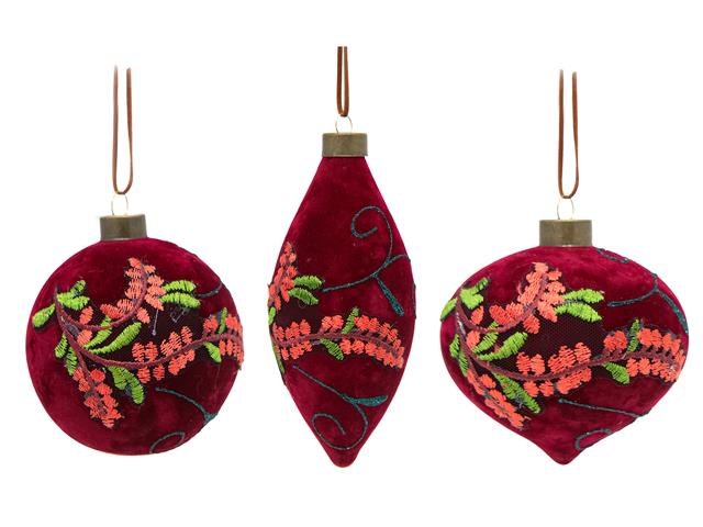 10CM 3PC GLASS ORNAMENTS IN GIFT BOX (EMBROIDERED VELVET)