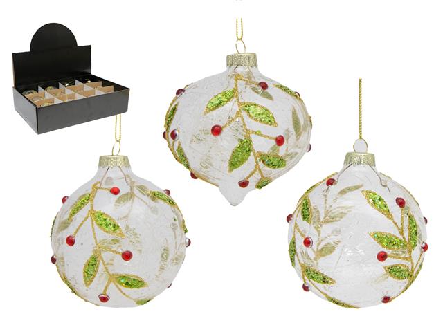 GLITTER HOLLY BERRIES GLASS ORNAMENT (ASSTD) (12/DISP)