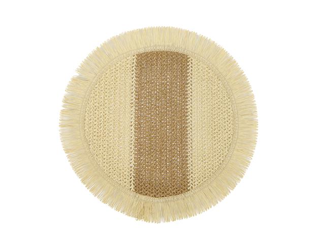 WOVEN ROUND PLACEMAT WITH FRINGE (BEIGE WITH BROWN STRIPE)