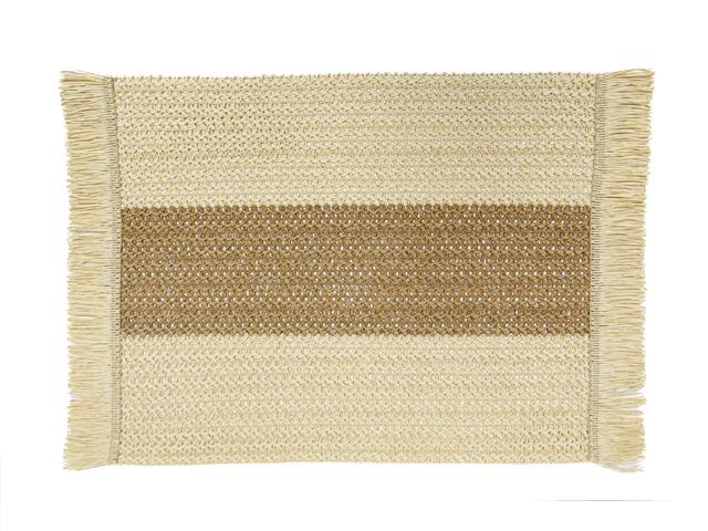 WOVEN RECT. PLACEMAT WITH FRINGE (BEIGE WITH BROWN STRIPE)