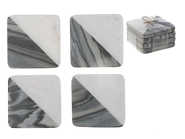 2 TONE DIAGONAL 4PC MARBLE SQ. COASTER (4X4") (BLACK & WHITE)