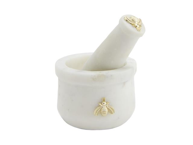 WHITE MARBLE MORTAR AND PESTLE WITH GOLD BEE