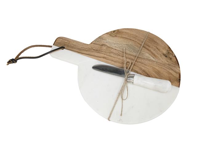 WHITE MARBLE AND ACACIA WOOD BOARD WITH CHEESE KNIFE