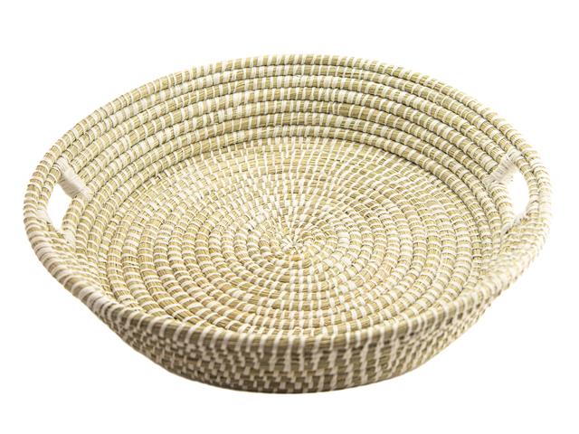 24" ROUND NATURAL GRASS TRAY BASKET WITH HANDLE (WHITE)