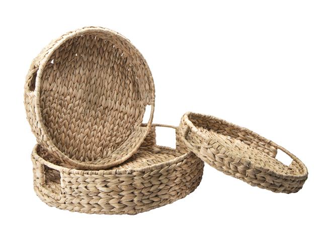 3PC ROUND WATER HYACINTH TRAY WITH HANDLE