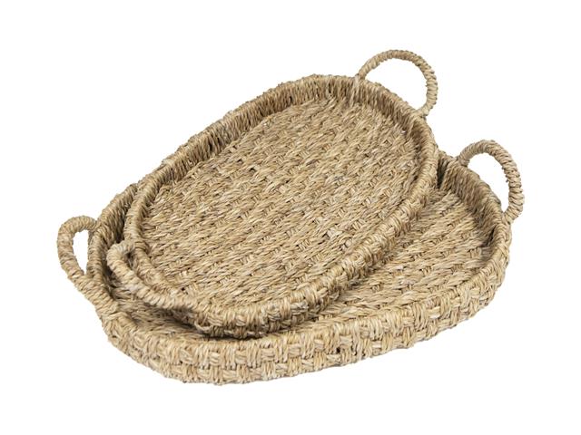 2 PC OVAL SEAGRASS TRAY WITH BRAIDED HANDLE