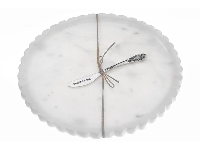 WHITE ROUND SCALLOP MARBLE PLATE & SPREADER