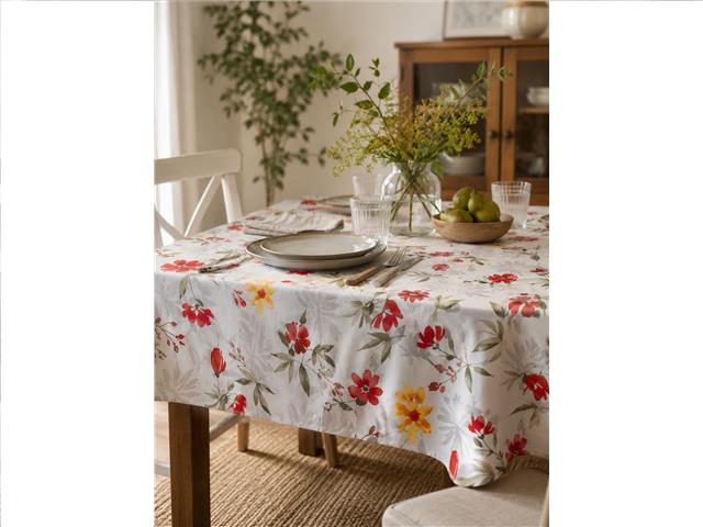 CHAMBRAY PRINTED TABLECLOTH (52" X 70") (TROPICAL FLOWERS)