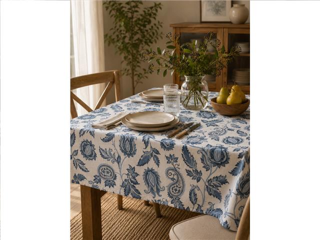 CHAMBRAY PRINTED TABLECLOTH (60" X 102") (BLUE FLORAL)