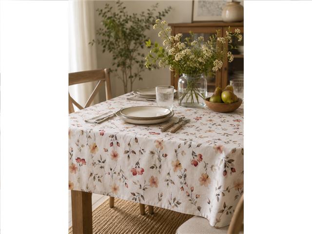 CHAMBRAY PRINTED TABLECLOTH (60" X 102") (BLUSH BLOSSOMS)