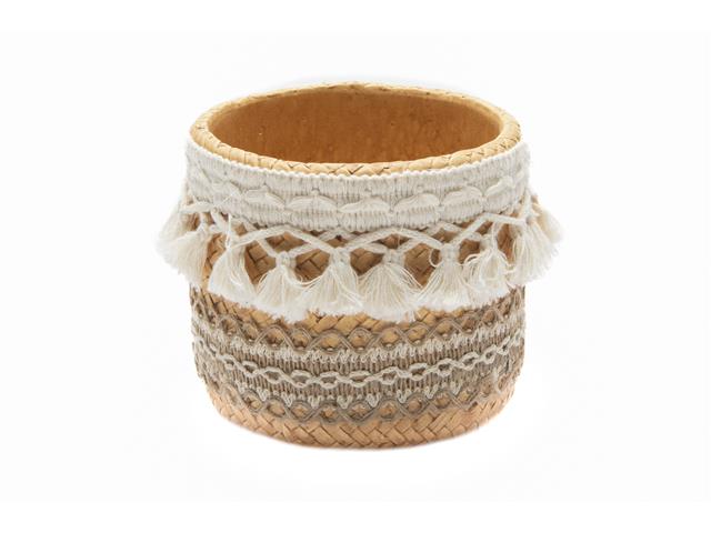 5.5" CASIRA ROUND STONE WEAVE PLANTER W/ TASSEL
