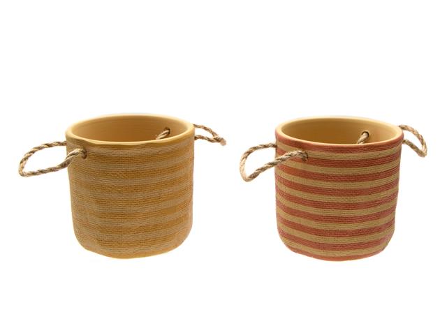 5" CERAMIC PLANTER W ROPE HANDLES (HORI STRIPES) (ASSTD)