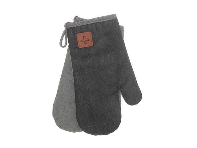 2 PC BLACK DENIM OVEN MITT WITH LEATHER BADGE (13")