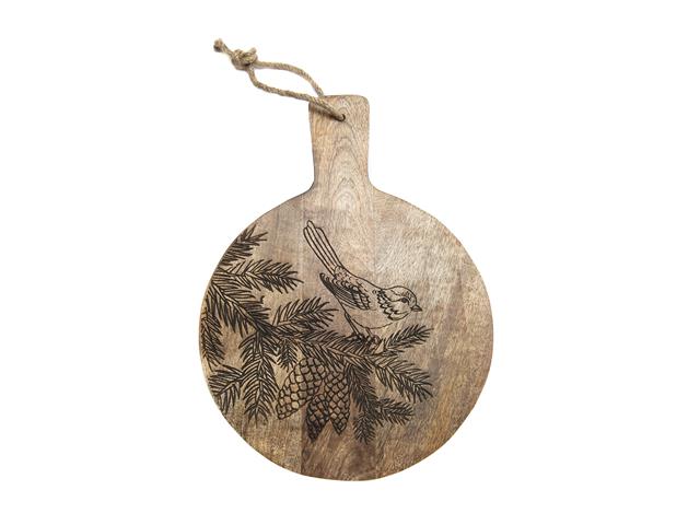 10" MANGO WOOD ROUND BIRD ON PINE CONE ETCHED CHEESE BOARD