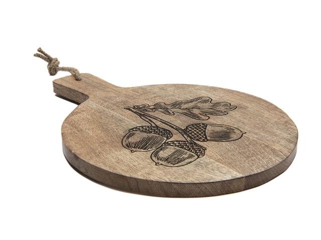 16" MANGO WOOD ROUND ACORN ETCHED CHEESE BOARD