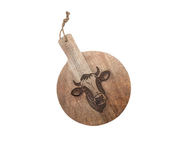 16" MANGO WOOD ROUND BULL ETCHED CHEESE BOARD