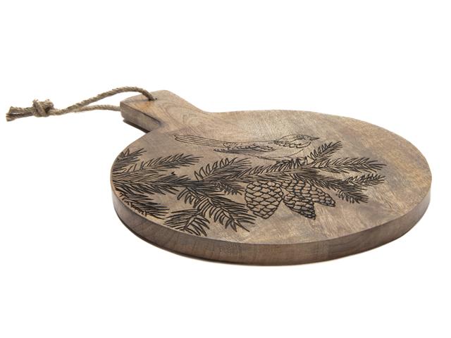 16"  MANGO WOOD ROUND BIRD ON PINE CONE ETCHED CHEESE BOARD