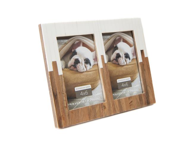 4X6" WOOD AND WHITE RESIN DOUBLE WINDOW PHOTO FRAME
