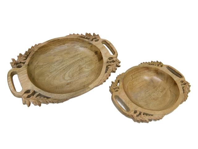 OVAL NESTED CARVED WOODEN TRAY WITH HANDLES (SET OF 2)