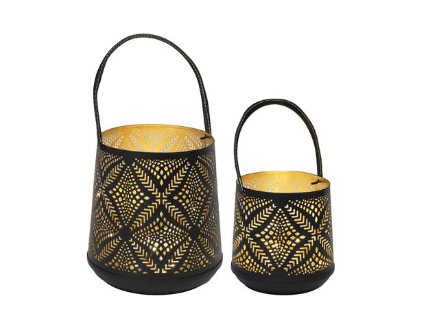 BLACK METAL CUTOUT VOTIVE LANTERN (FERN) (SET OF 2)