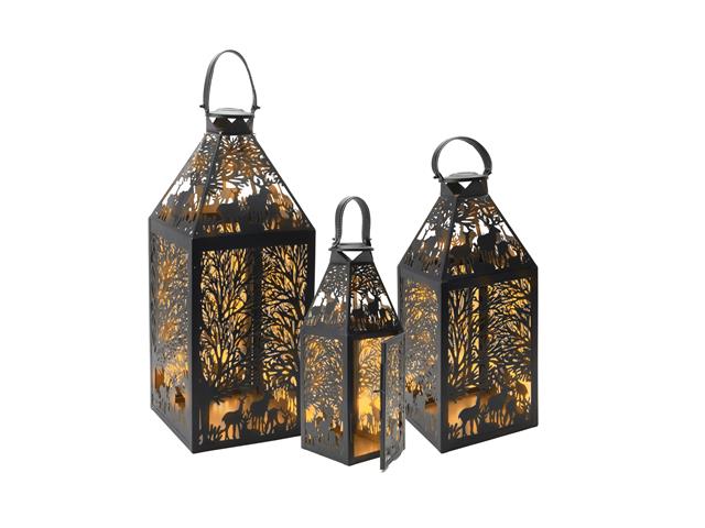 BLACK METAL CUTOUT LANTERN (REINDEER FOREST) (SET OF 3)