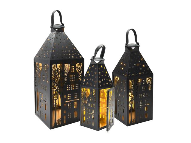 BLACK METAL CUTOUT LANTERN (SCENIC VILLAGE) (SET OF 3)