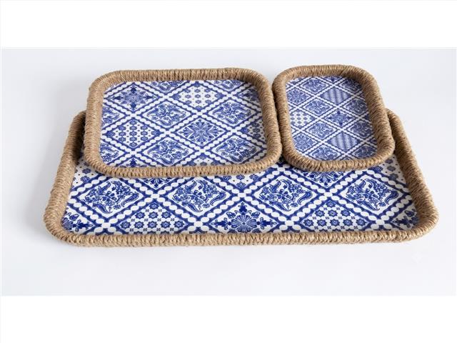 3 PC RECT. WOVEN SERVING TRAY (BLUE FLORAL TILE)