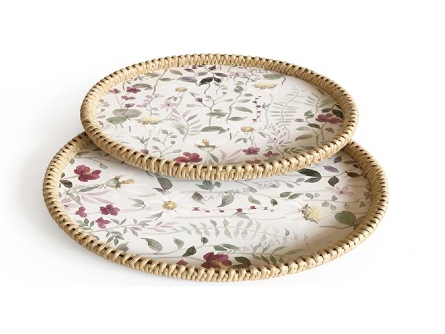 2 PC ROUND WOVEN SERVING TRAY (FLORAL)