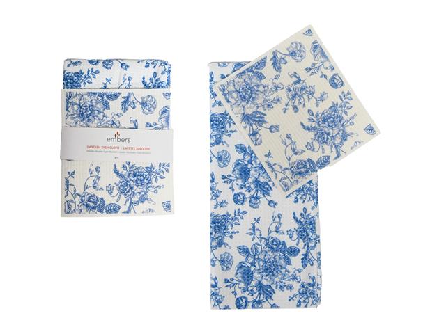 2 PC SWEDISH DISH CLOTH & WAFFLE KITCHEN TOWEL SET (BLUE FLORAL)